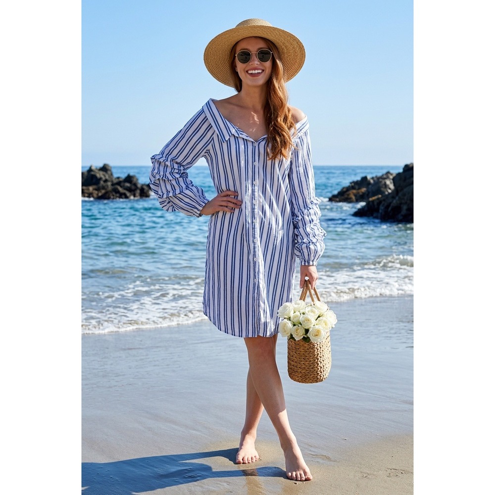 Womens 2X Blue White Striped Cotton Button Down Shirt Dress‎ Ruched Sleeve